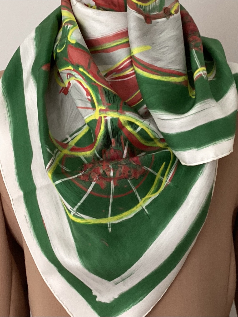 Hermes Green, White & Red 'New Springs' Silk Scarf